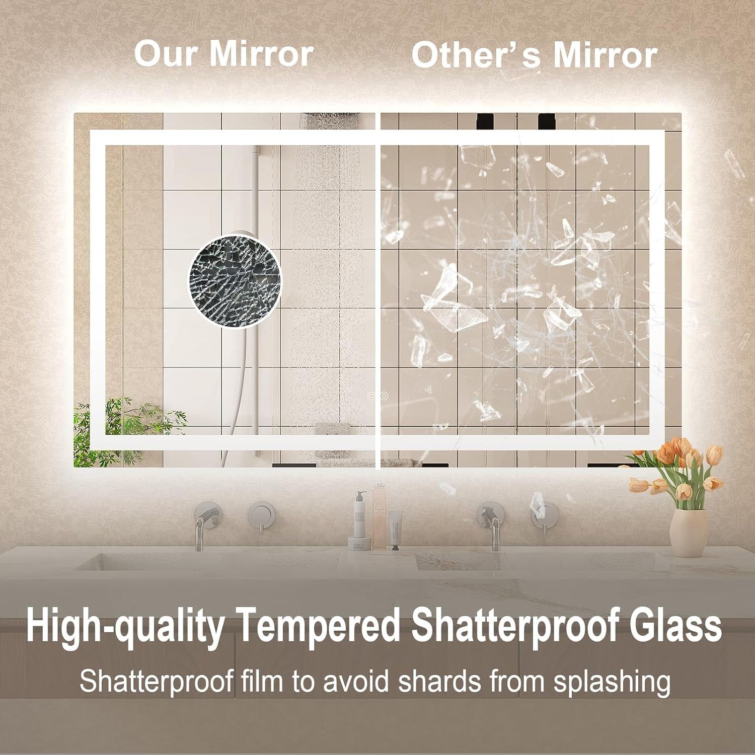Dimmable 55X36 LED Bathroom Mirror with Anti-Fog, 3 Light Modes, Memory Function