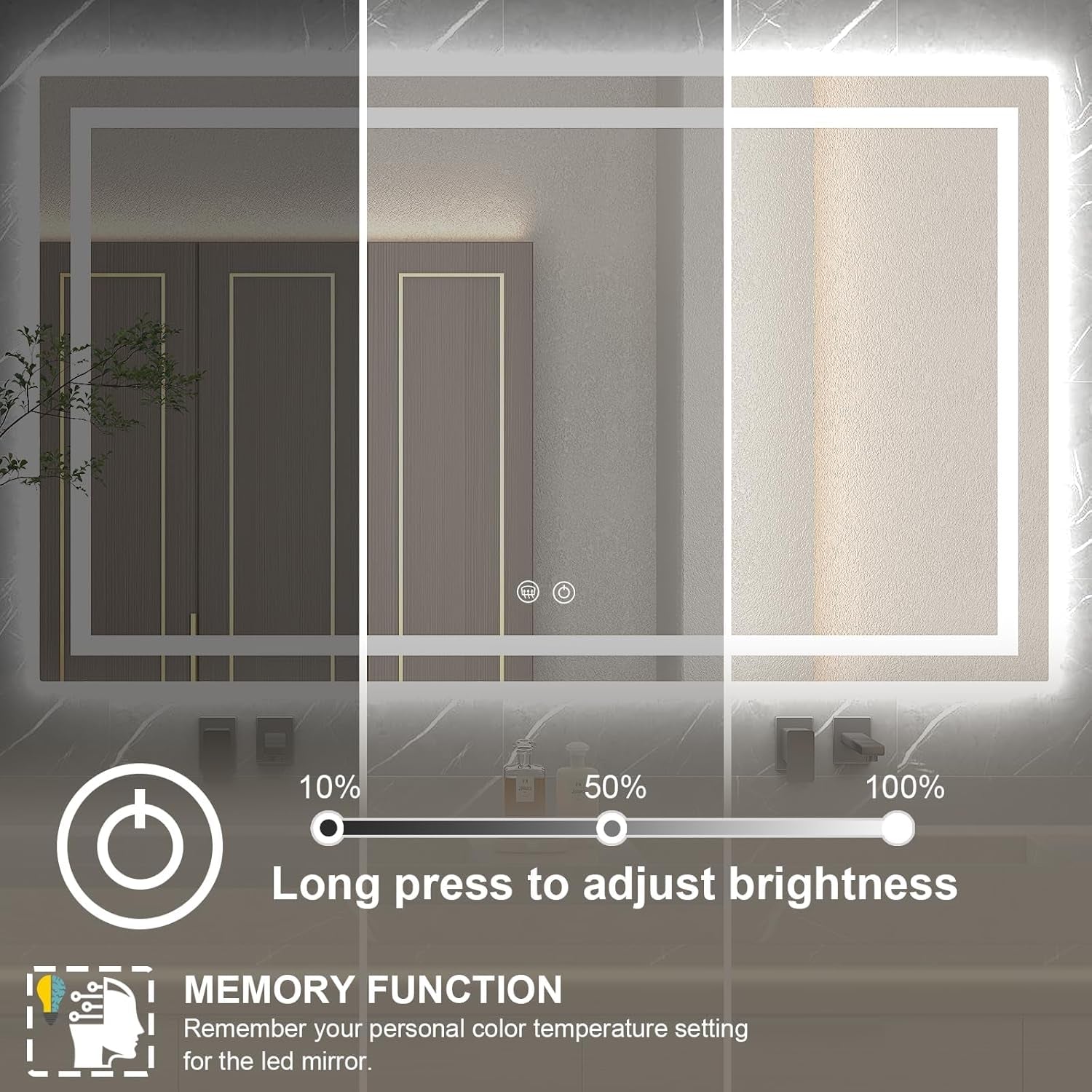 Dimmable 55X36 LED Bathroom Mirror with Anti-Fog, 3 Light Modes, Memory Function